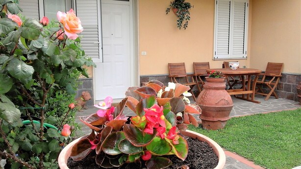 A patio with a table and chairs, a potted plant with pink flowers, and a large terracotta pot. - apartment under the hill of San Miniato (san miniato)