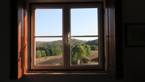 Ein Fenster mit Blick auf eine hügelige Landschaft.