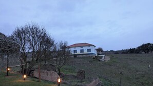 Ein Haus mit rotem Dach, umgeben von einer grünen Wiese und Bäumen.