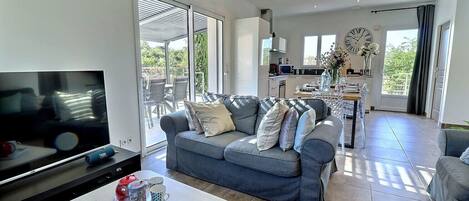 Télévision, cheminée, lecteur de DVD, baby-foot