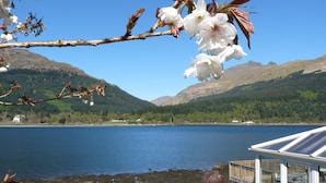 A lakeside view with a wooden deck, a statue, and a clear sky. - Waterfront with Private Hot Tub, Kayaks and Paddleboards free for guests use !!! (ARROCHAR)