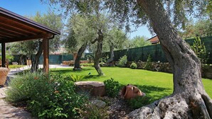 Un jardin bien entretenu, agrémenté d’une pergola, d’un chemin de pierres et d’une variété de plantes et d’arbres.