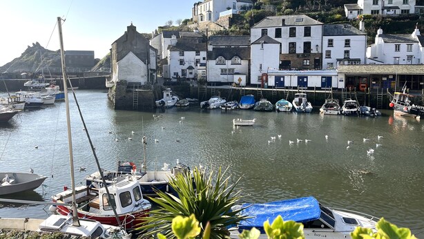 A harbor with boats docked, buildings along the water, and a hill in the background.