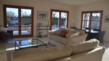 TV connectée, cheminée, lecteur de DVD, livres