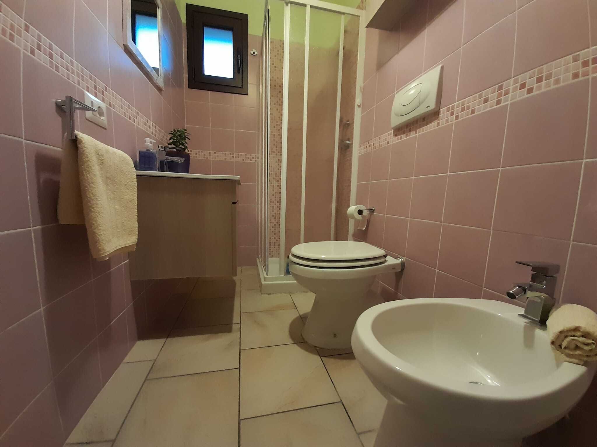 A bathroom with pink tiles, a toilet, a sink, and a shower.
