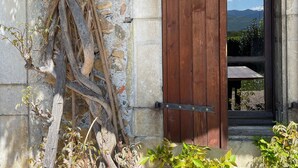 Une porte en bois en forme d’arc, dotée d’un loquet métallique, encastrée dans un mur de pierre recouvert de lierre.
