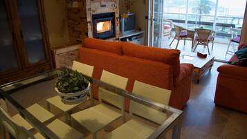 Een smart-tv, een open haard, een dvd-speler en boeken