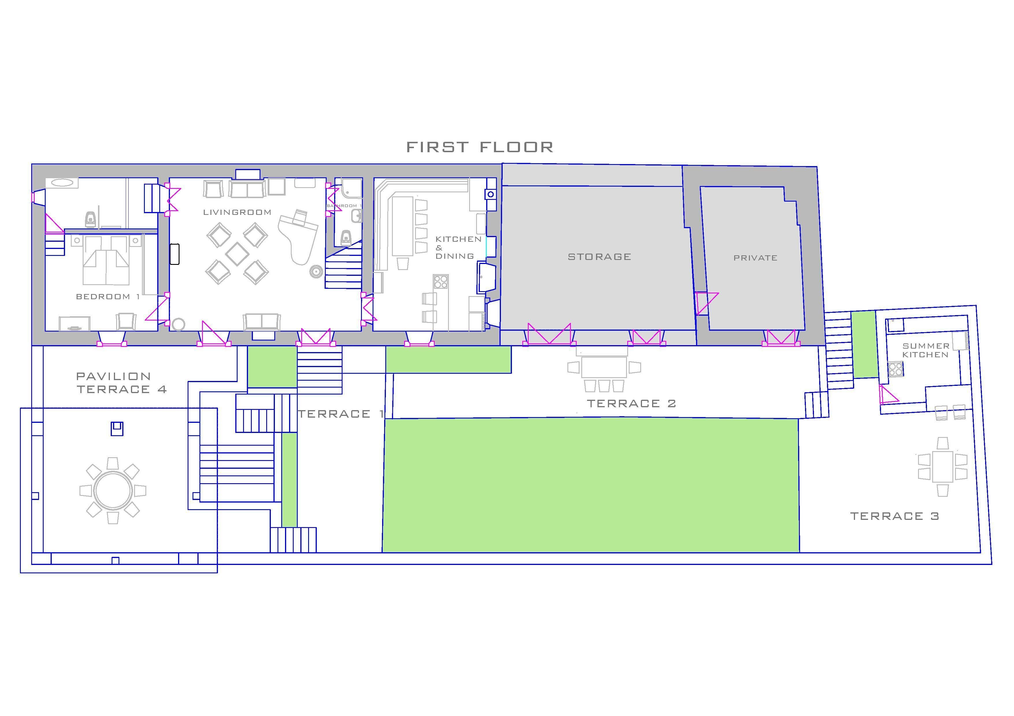 Plan d’un appartement situé au premier étage, comprenant un salon, une cuisine, une salle à manger, un espace de rangement et des pièces privées. Il comprend également trois terrasses et une terrasse avec un pavillon.