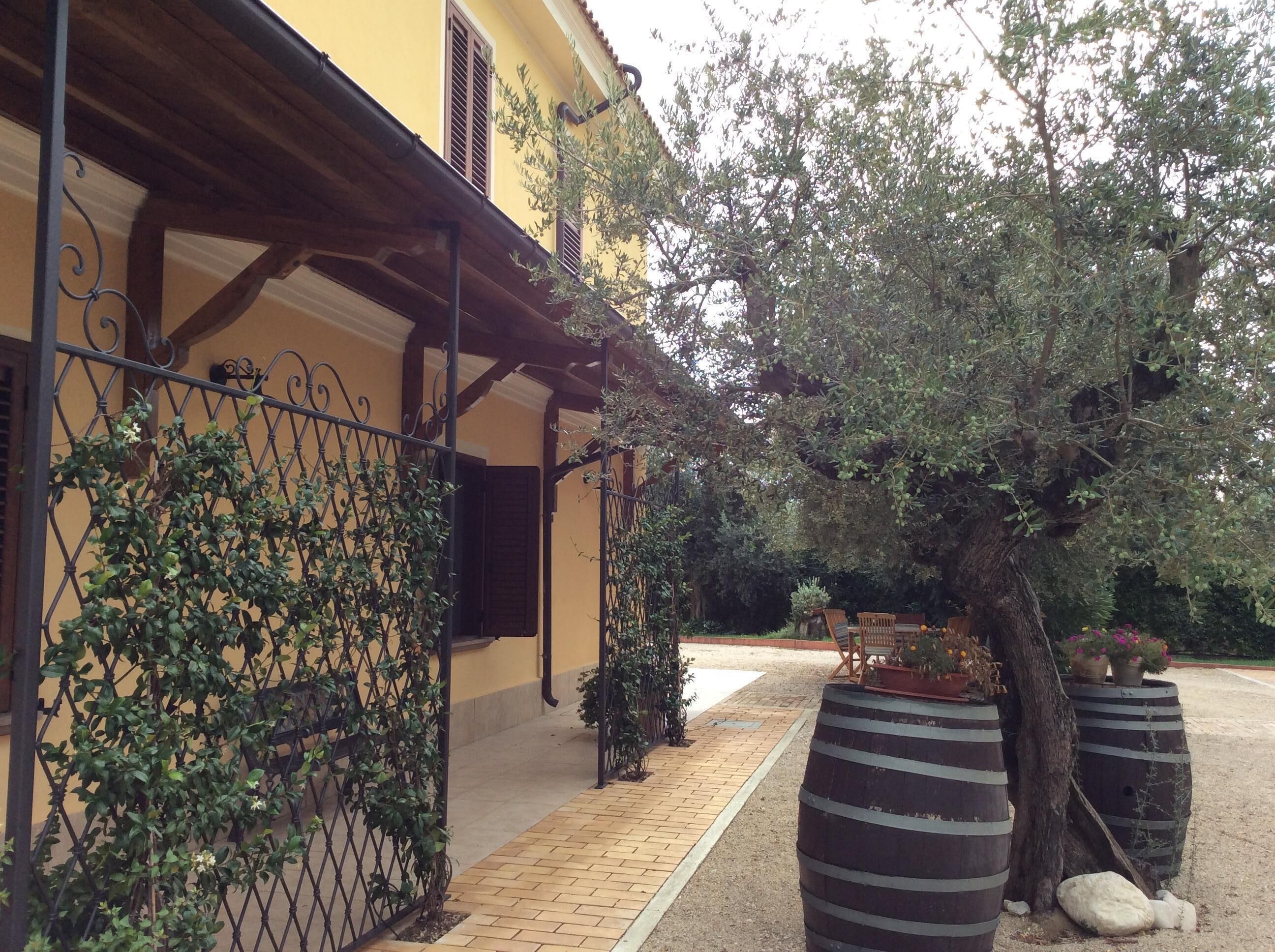 A building with a yellow facade, a covered patio area, and a tree in the foreground.