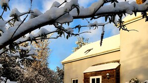 A house with a snow-covered roof and yard.