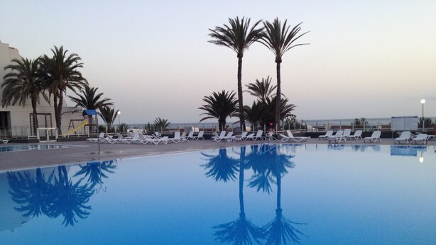 Una piscina con sillas de descanso y palmeras, reflejado en el agua.