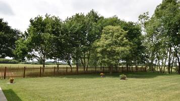 A grassy area with a wooden fence and trees.