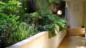 A narrow indoor corridor with a tiled floor, surrounded by lush greenery and a stone wall. - Superb modern apartment Panoramic sea view - Private garage (Nice)