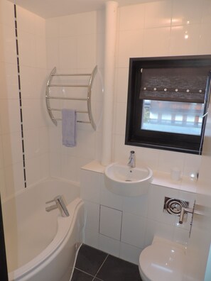 Une salle de bain moderne avec une baignoire, un lavabo et des toilettes.