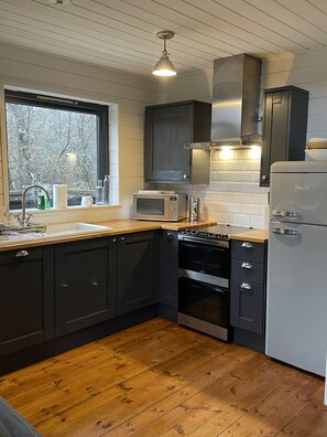 Fridge, microwave, dishwasher, coffee/tea maker - Flora is a Well equipped, Scandinavian style log cabin with wood fired hot tub (Taynuilt)