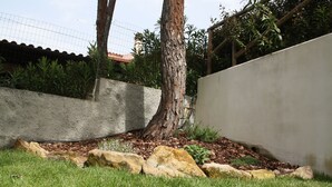 A landscaped garden with a large tree, a concrete wall, and a grassy area with rocks. - ROSA DEI VENTI - SAN PIETRO A MARE (San Pietro a Mare)
