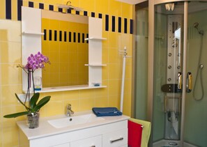 Regadera, secadora de cabello, bidet, toallas 