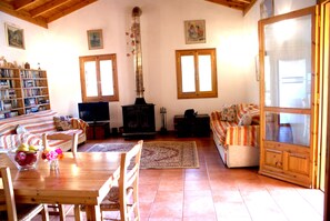 A cozy living room with a fireplace, a sofa, a television, and a bookshelf. - Renovated traditional farmhouse overlooking the sea 400 olive trees.  (Nomos Ilias)