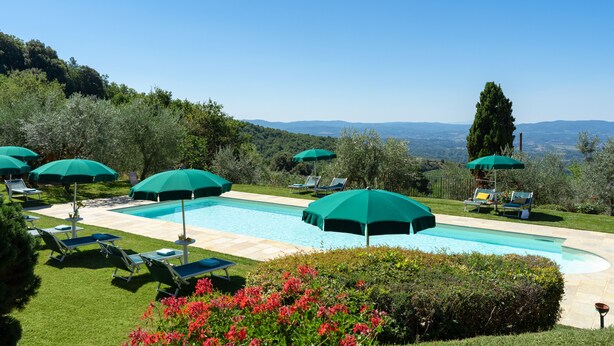 Un espace piscine agrémenté de plusieurs parasols verts, de chaises longues et offrant une vue sur le paysage.