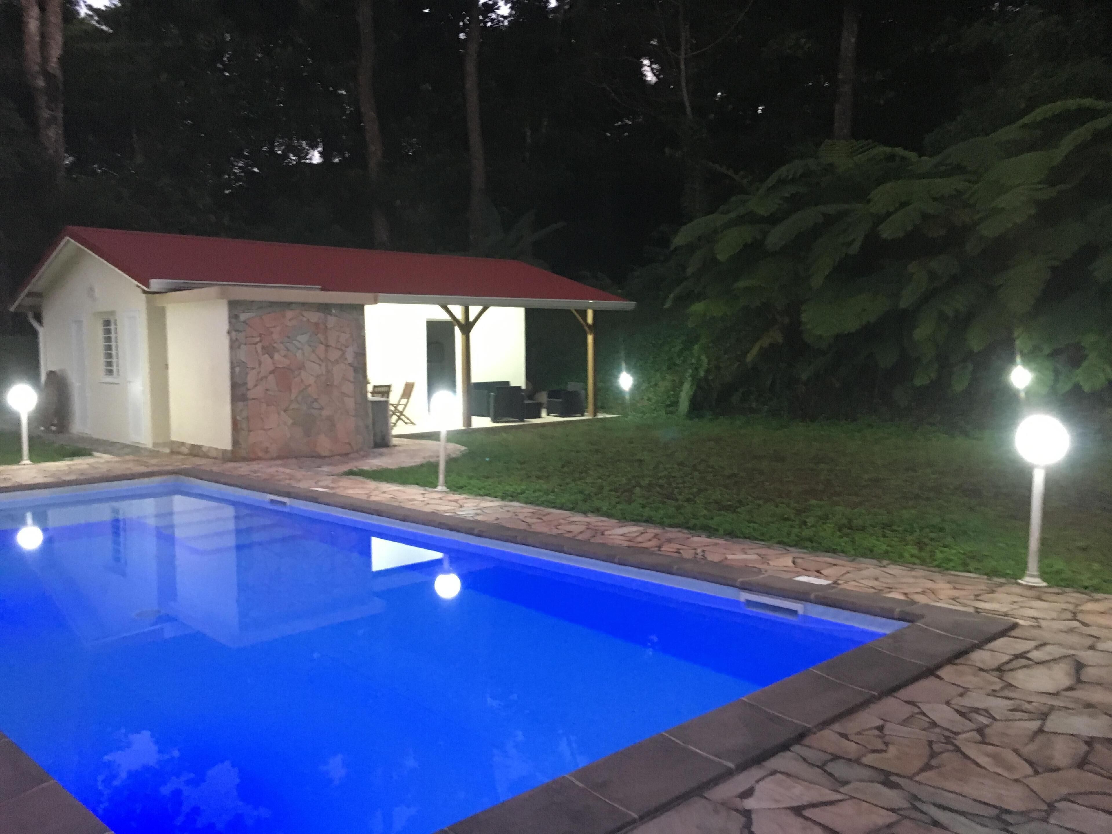 A swimming pool with a stone border, a small building with a red roof, and a garden area with trees and a patio.