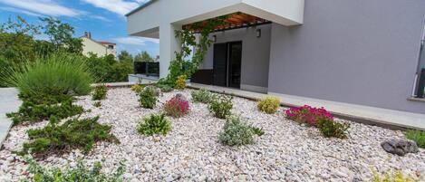 A modern house with a covered porch, surrounded by a gravel garden with various plants and flowers.