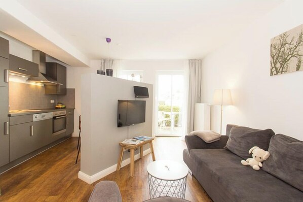 TV, DVD player, video library, stereo