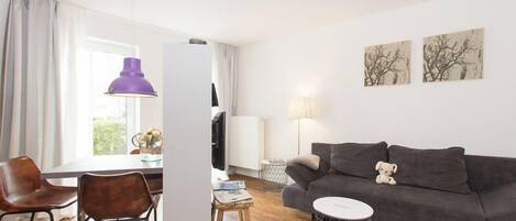 TV, DVD player, video library, stereo