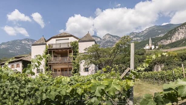 Ein zweistöckiges Gebäude mit Balkon, umgeben von Weinbergen und Bergen.