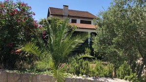 A two-story house with a tiled roof, surrounded by lush greenery and flowering plants. - Villa / finca with beautiful terrace & large garden, 5 minutes to the beach, Dalmatia (Ždrelac)