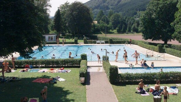 Una piscina rodeada de céspedes cuidados y árboles, con gente nadando y relajándose en el deck.