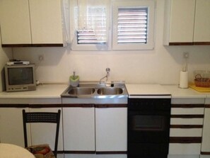 Kitchen features a dishwasher and oven, with a television mounted on the wall and a window above the sink.
