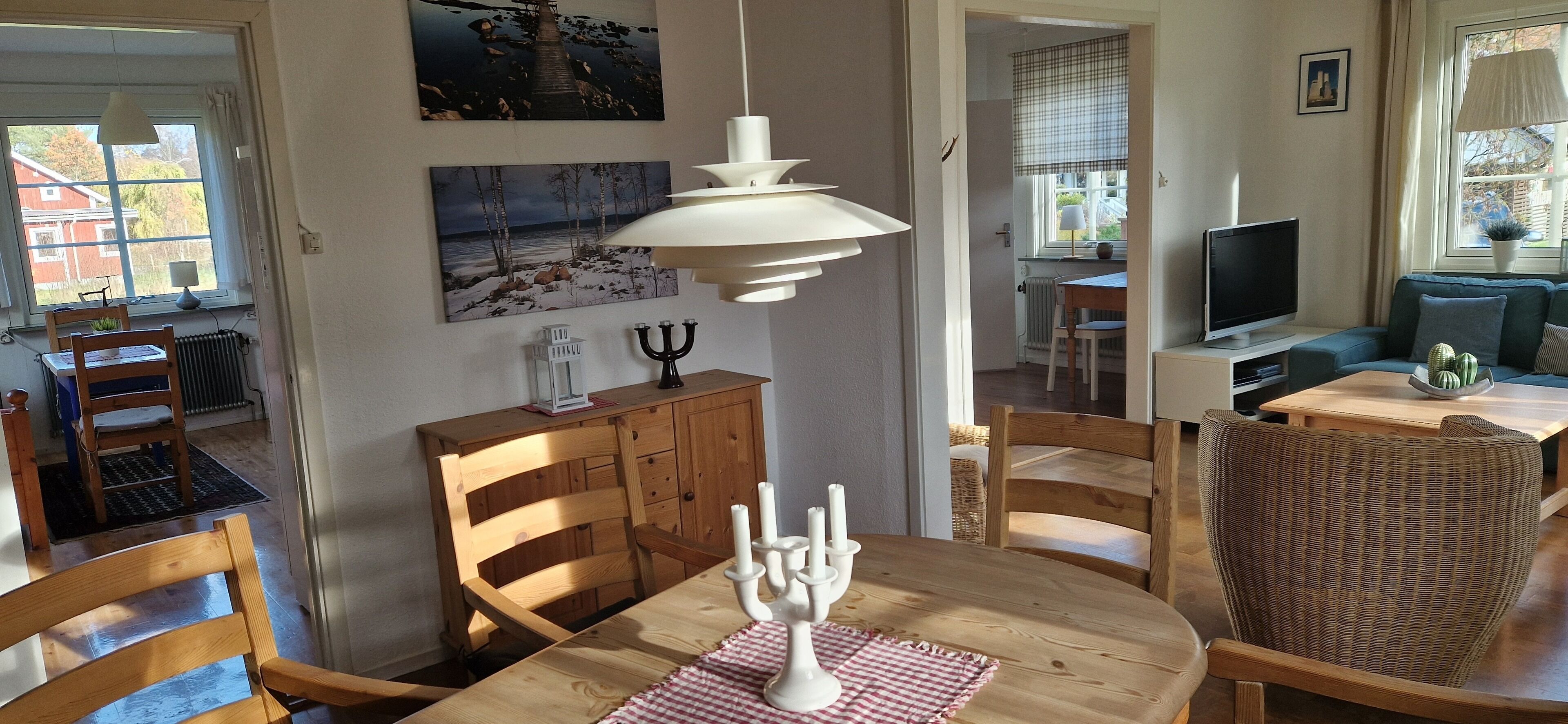 TV, fireplace, DVD player, books