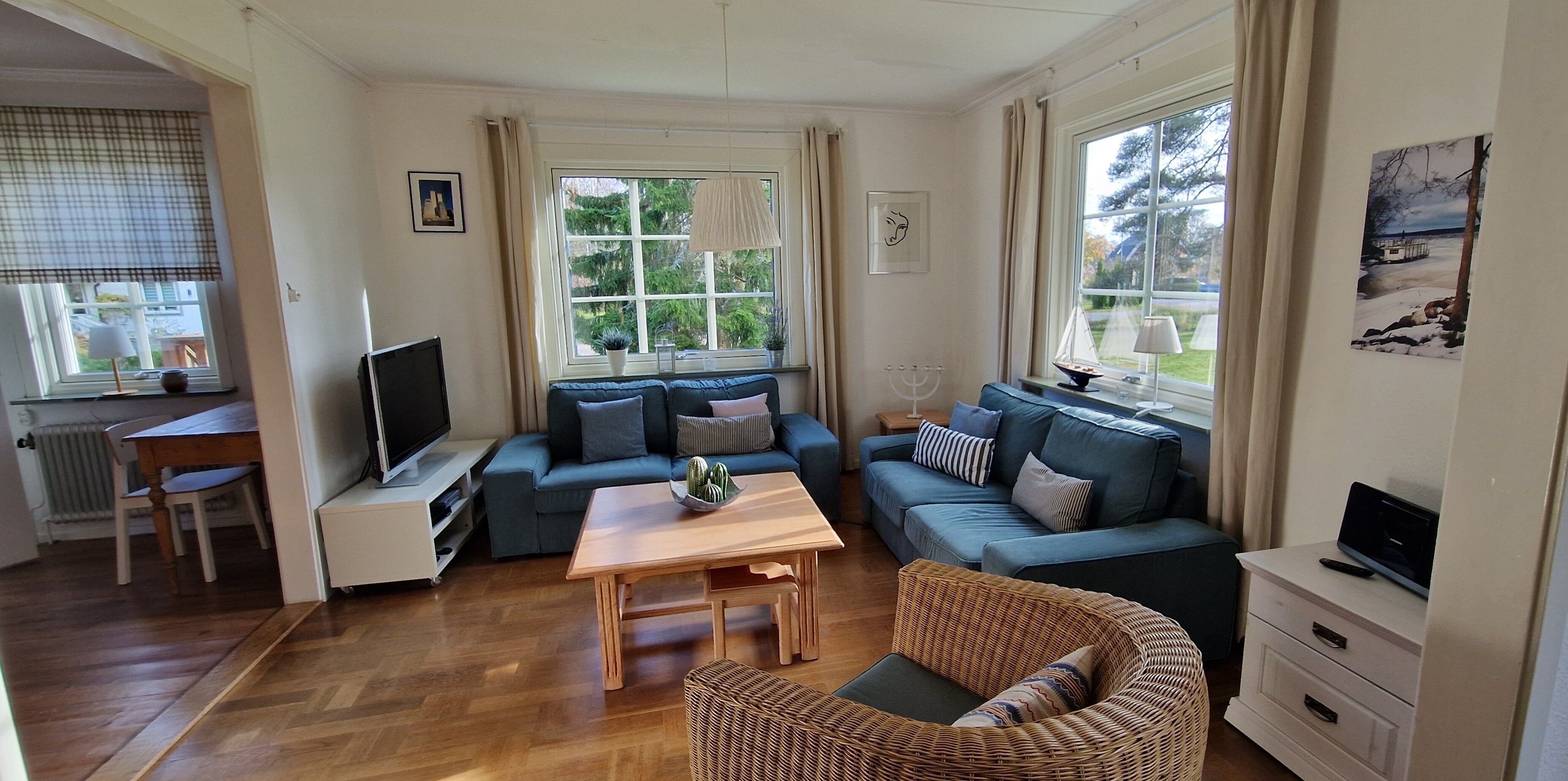 TV, fireplace, DVD player, books