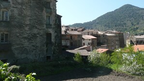A rustic building with multiple windows and a stone facade, surrounded by greenery and a mountain in the background. - House redone in VICO- WIFI- 15mns Beaches of SAGONE (Vico)