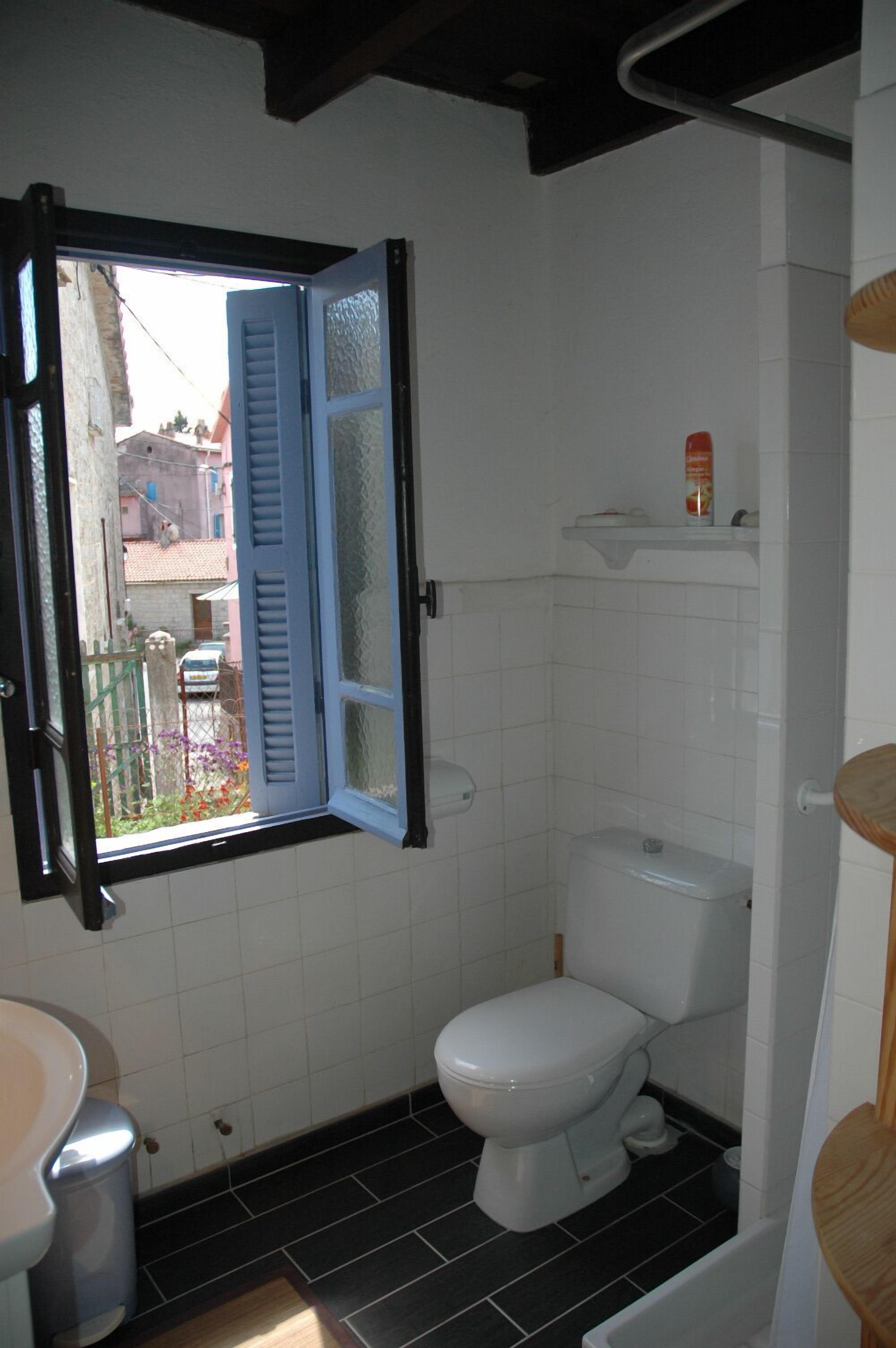 A small bathroom with a toilet, a sink, and a window with blue shutters.