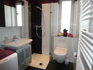 Dusche, Haartrockner, Handtücher, Seife