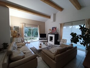 Een televisie, een open haard, een dvd-speler en boeken