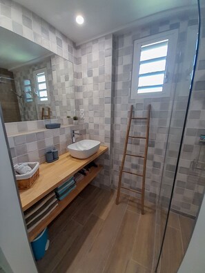 Chuveiro, secador de cabelo, toalhas de banho, sabonete