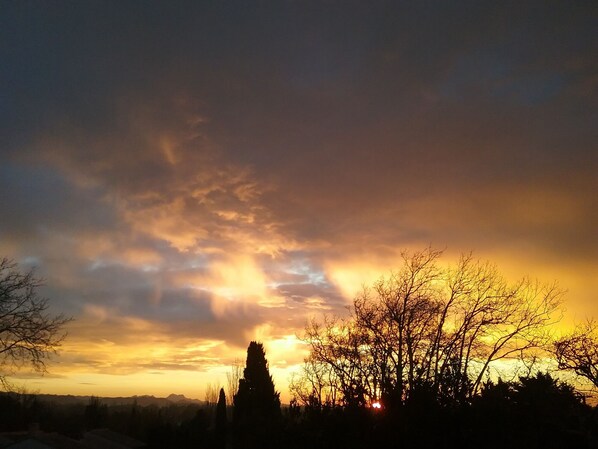 A sunset with silhouettes of trees and a mountain range in the background. - Apt. in the heart of the Alpilles, at the gates of the Camargue (Paradou)