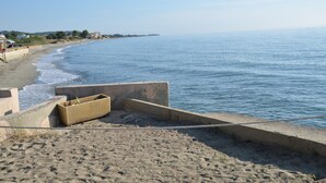 A beach with a concrete barrier and a wooden box.