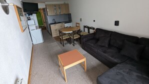 A compact living space with a kitchenette, a dining area, and a seating area.
