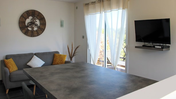 Un salon moderne avec un canapé gris, une horloge murale ronde, un téléviseur à écran plat fixé au mur et une grande table grise.