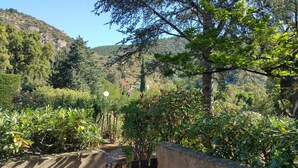 A garden with a variety of plants and trees, a concrete pathway, and a distant view of a mountain. - 200 meters from Aiguebelle beach -superb view of the islands- private Jacuzzi (Le Lavandou)