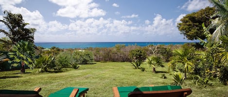 A view from a deck overlooking a grassy area with a pool table and lounge chairs, with a clear view of the ocean and a partly cloudy sky.