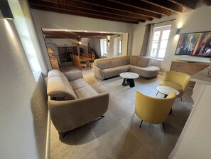 Télévision, cheminée, table de tennis de table, livres