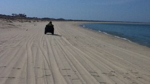 Una playa arenosa con surcos de neumáticos que conducen al agua.