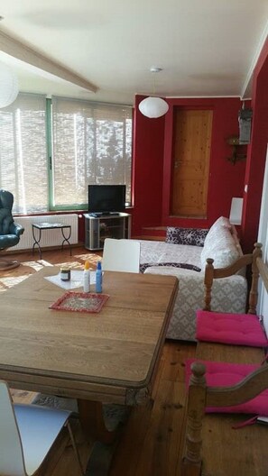 Un salon chaleureux avec une table à manger en bois, un canapé et un téléviseur.
