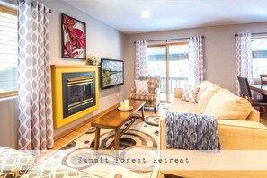 Smart TV, fireplace, video games