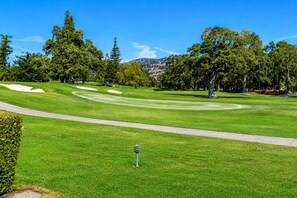 Ein gepflegter Golfplatz mit einer deutlichen Laufbahn, Sandbunkern und verschiedenen Bäumen.