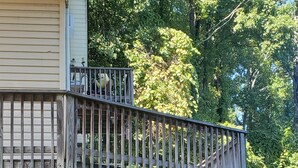 Une terrasse en bois dotée d’une rambarde fixée à un bâtiment, le tout entouré de verdure.